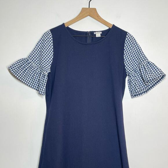 J. Crew Printed Bell Sleeve Dress Women's Size Small Navy Gingham Back Zip - Picture 4 of 9